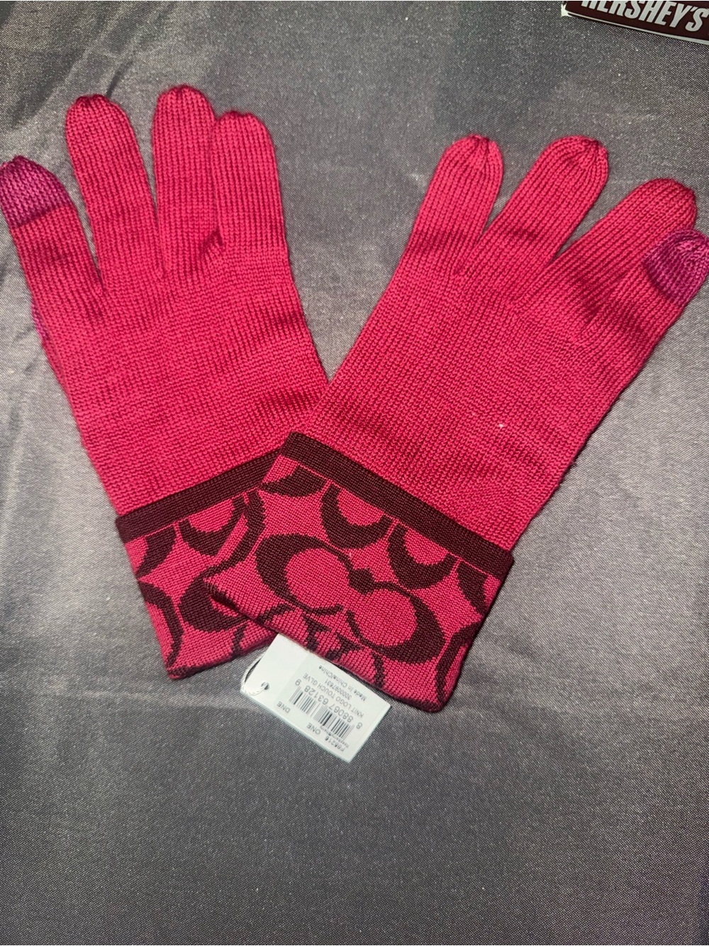 Coach Hot Pink Signature Cuff Knit Gloves with Dark Logo